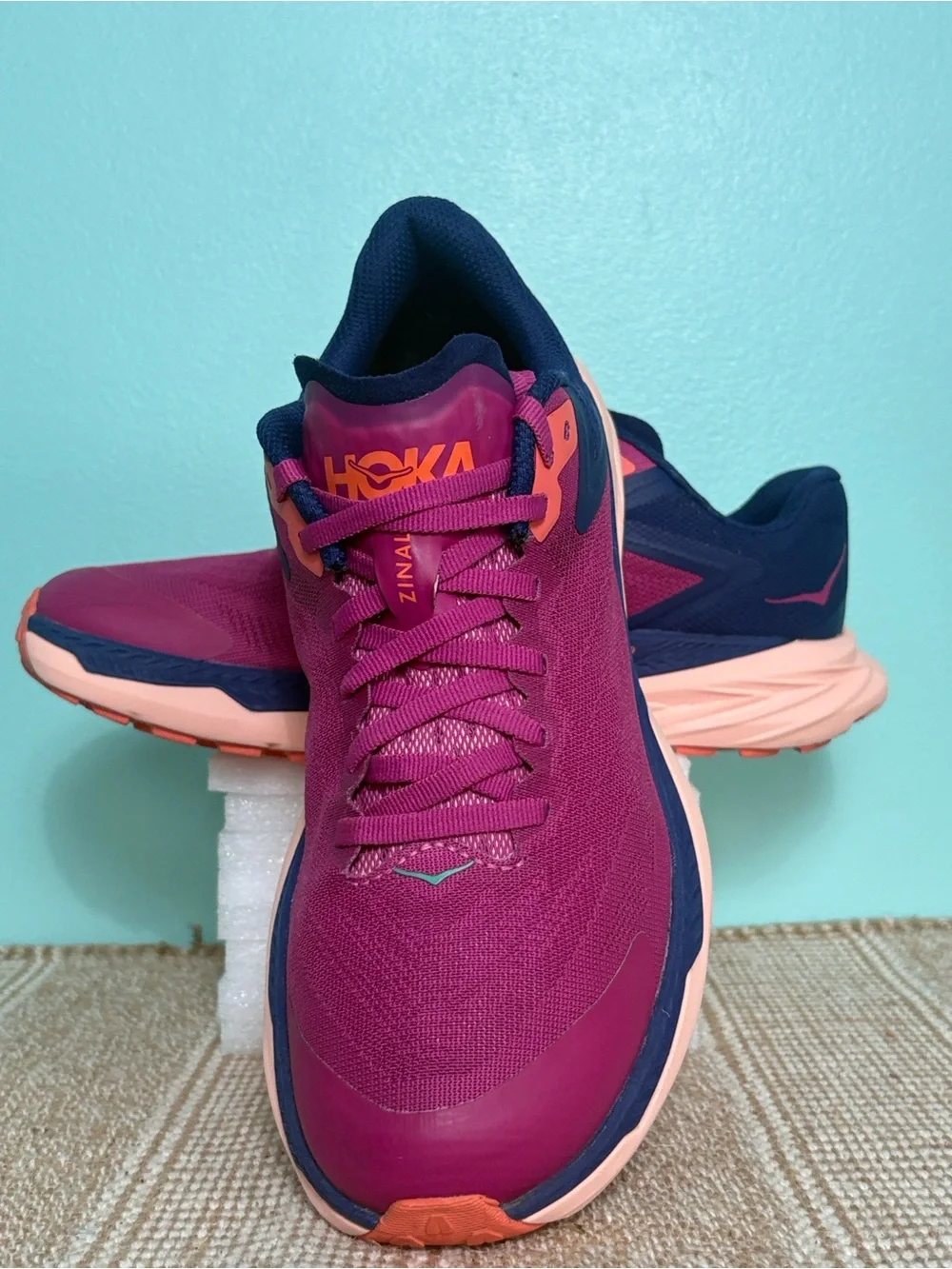 Hoka Women's Zinal Trail Running Shoe. Fuchsia/Navy Blue/Orange Accents. Size-7